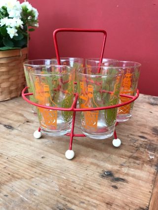 Vintage Retro Set Of 6 Shot Glasses With Atomic Mid Century Red Display Stand