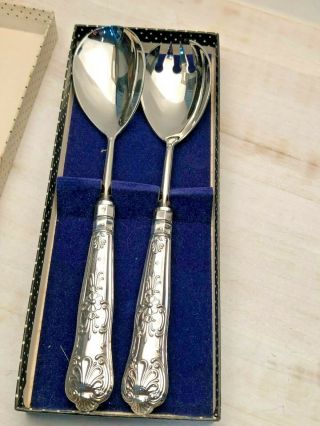 English Sterling Silver,  Kings Pattern 2 Piece Salad Set With Sterling Handles