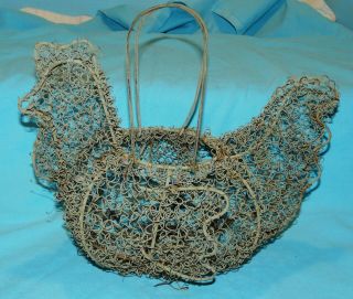 Antique Vtg Metal Wire Egg Basket Chicken/rooster Wings Rustic Farm Kitchen 13 "