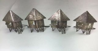 Vintage Sterling Silver Tiki Beach Huts Place Card Holders Set Of 4 M28