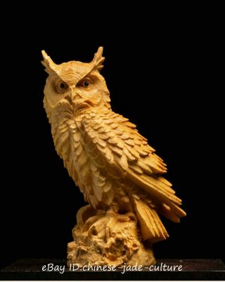 China Natural Boxwood Hand Carving Night Bird Owl Minerva Statue Sculpture