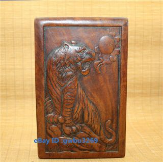 Chinese Old Wood Hand Carved Tiger Calligraphy Brush Washer Ink Cartrid Box