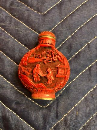 Finely Carved Old Chinese Red Cinnabar Snuff Perfume Bottle Signed Marked