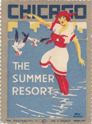 Vintage Poster Stamp Chicago The Summer Resort Bathing Beauty Ned Ryan Im