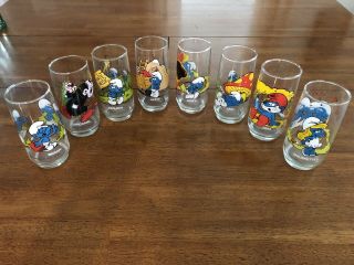Vintage Smurfs Glasses - 1982 Peyo Wallace Berrie & Co.  - Complete Set Of 8