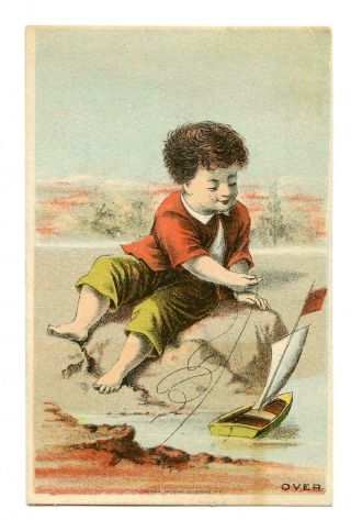 Columbia Chilled Plow Price List Victorian Trade Card Boy W/ Toy Sailboat