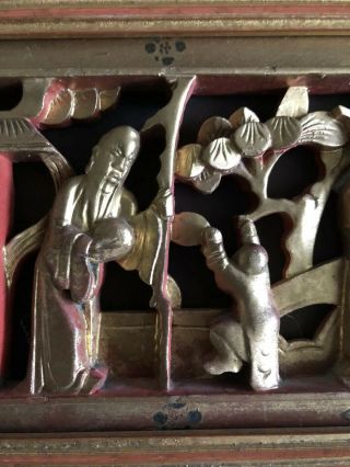Fine Antique 19th C Chinese Gilt Carved Wood Panel Temple Art Figures Children 5