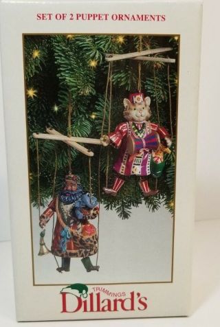 Dillards Set Of 2 Ceramic/resin Santa & Cat Puppet Christmas Ornaments