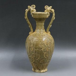 Chinese Old Yue Kiln Celadon Glaze Carved Flower Dragon - Ear Porcelain Vase