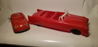 2 Old Cars - Large Red Plastic Cars - 7in - 12in - Winding 3 Wheel - Other - Plastic