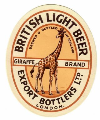 Beer Label: Export Bottlers,  London,  Giraffe Brand British Light Beer 97mm Tall