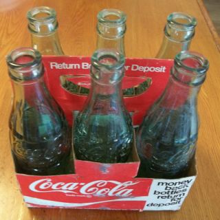 6 - Vintage Green Embossed Coca Cola Coke Bottle 6 1/2 Oz W/caps & Carrier