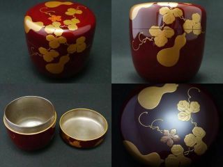 Japanese Lacquer Wooden Tea Caddy Six Gourd Design Natsume Inside Silver (705)