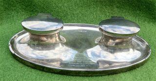 Large Sterling Silver Double Inkwell - Gwaun - Cae - Gurwen / Llandysul 1934 - 31ozt