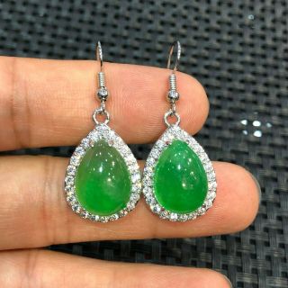 Chinese Collectible S925 Silver & Green Jadeite Jade Pair Drop - Shaped Eardrop