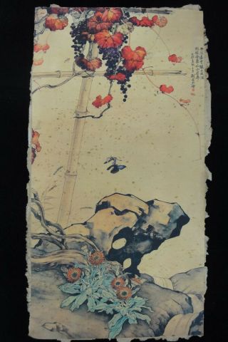 Rare Old Large Chinese Paper Hand Painting Flowers Vines " Liukuiling " Marks