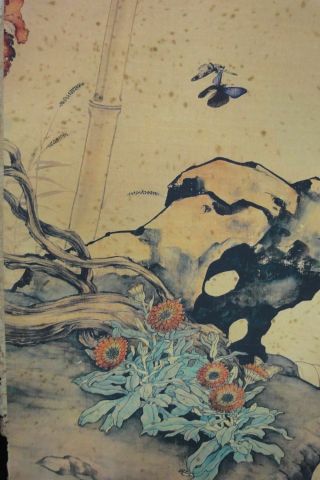 Rare Old Large Chinese Paper Hand Painting Flowers Vines 