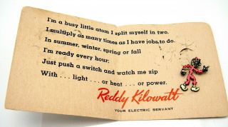 Vintage 1950 Reddy Kilowatt Stick Pin On Card Busy Little Atom