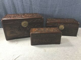 Stacking Chinese Camphor Boxes Aromatic Hand Carved Wood Storage Keepsake