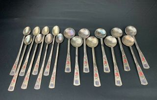 Elegant Antique Korean Export 99 Pure Silver & Enameled Soup / Dessert Spoons