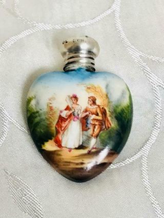 Antique Porcelain Heart Shaped Courting Couple Perfume Scent Bottle Hm 1903