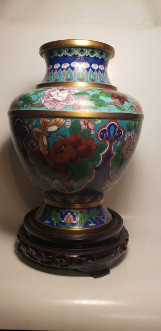Antique Cloisonne Vase - 10 Inch - Asian - Painted Enamel - China? Japan? - Wood Base