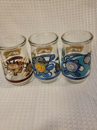 3 Pokemon 07 Squirtle 52 Meowth & 61 Poliwhirl Welchs Jelly Jar Glasses 1999