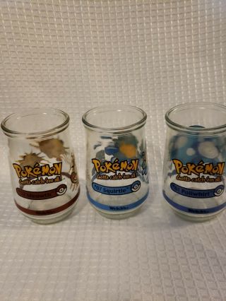 3 Pokemon 07 Squirtle 52 Meowth & 61 Poliwhirl Welchs Jelly Jar Glasses 1999 2