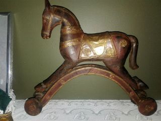 Wooden Rocking Horse Carved On Wheels Vintage Antique Toy