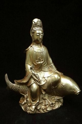 28cm Old Large Chinese Gilt Bronze " Guanyin " Buddha Statue Marked " Qianlong "