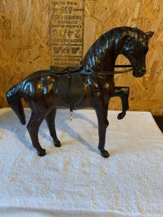 Vintage Leather Horse Figurine 12” Tall Equestrian Brown Hand Crafted Statue
