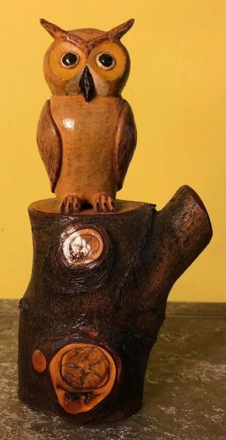 Vintage Folk Art Hand Carved Wood Owl Bird On Tree Stump Figurine 7” Farmhouse