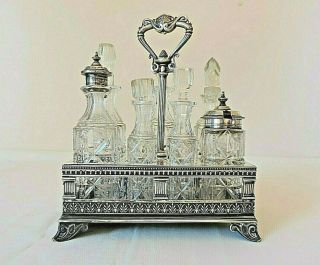Antique Victorian Silver Plated Seven Bottle Cruet Stand With Cut Glass Bottles
