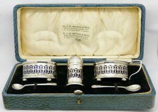 Fine Cased 3 Piece Solid Silver Condiment Set Hm 1922 Northern Goldsmiths Co