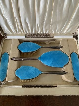 Vintage Sterling Silver & Blue Guilloche Enamel Ladies Cased Dressing Table Set