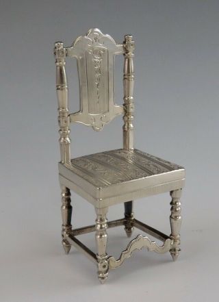 Antique Dutch Sterling Silver Miniature Straight Panel Engraved Back Chair