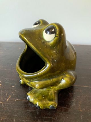 Vintage Ceramic Frog Sponge Holder Scrubber Green Glaze Open Mouth