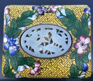 19th Century Chinese Cloisonne Enamel & Carved White Jade Box