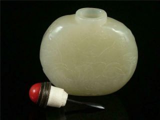 Fine Old Chinese Celadon Nephrite Jade Carved Snuff Bottle Lotus & Mandarin Duck