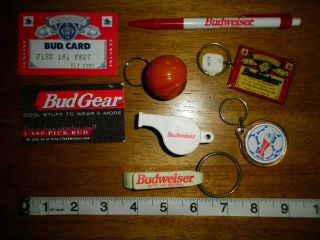 Various Budweiser Items.  Keychain Bottle Opener Whistle Pen.  8 Items.
