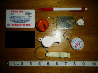 Various Budweiser items.  Keychain bottle opener whistle pen.  8 items. 2