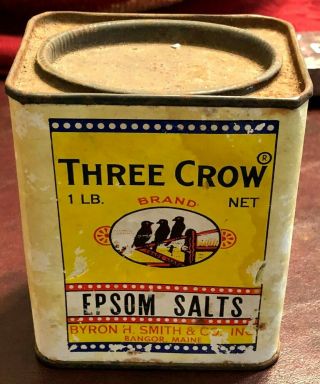 Rare Large Size 1 Lb.  Three Crow Epsom Salts Spice Tin Can Bangor Maine