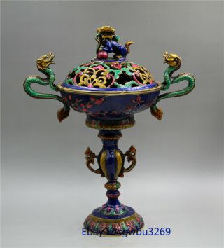 Chinese Brass Cloisonne Censer Hand Carved Dragon & Lion Lid Incense Burner