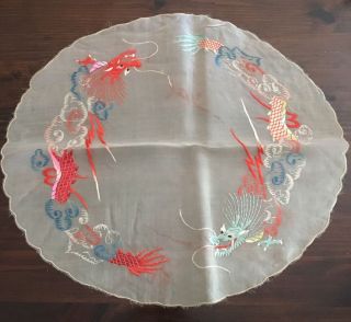 Vintage Chinese Silk? Embroidered Dragons Red & Blue Very Old Scarf,  Table Round