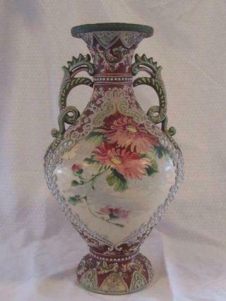 Oriental Satsuma Moriage Hand Painted Vase With Double Handles Large