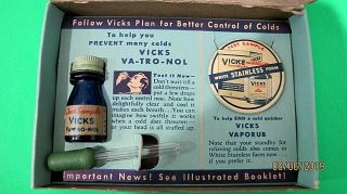 Vintage Medicine Sample Tin Bottle & Box,  Vicks Va - Tro - Nol & Vicks Vapo Rub