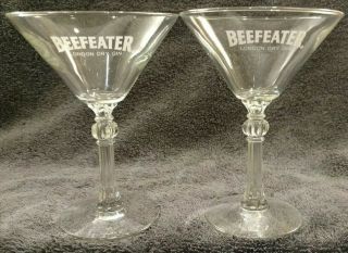 2 Beefeater Martini Glasses London Dry Gin Cut Stemware Footed Drink Bar