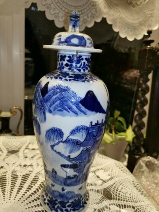 Large Antique Chinese Blue & White Porcelain Vase Kangxi Marked Foo Dog 33cm 1 2