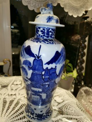 Large Antique Chinese Blue & White Porcelain Vase Kangxi Marked Foo Dog 33cm 1 3