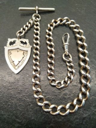 Antique Silver Graduated Curb Linked Albert Pocket Watch Chain & Fob.
